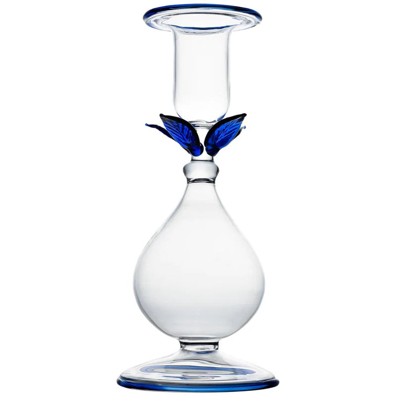 La Boheme Clear Candlestick, w/Blue Leaves