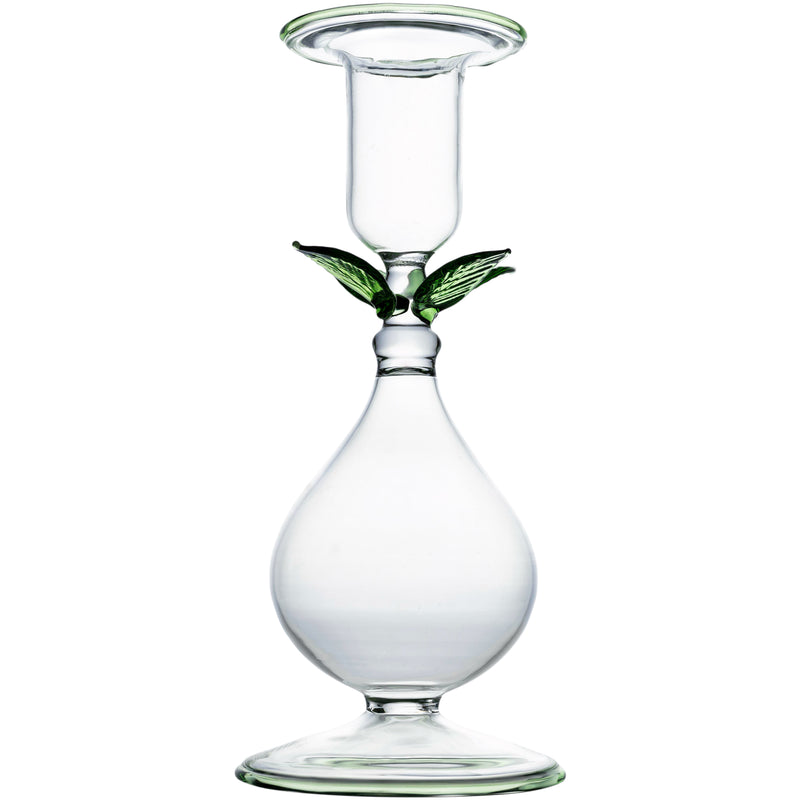 La Boheme Clear Candlestick, w/Green Leaves