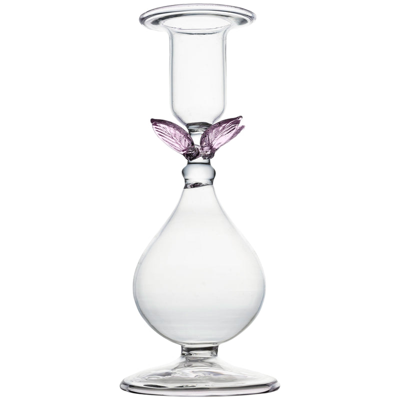 La Boheme Clear Candlestick, w/Pink Leaves