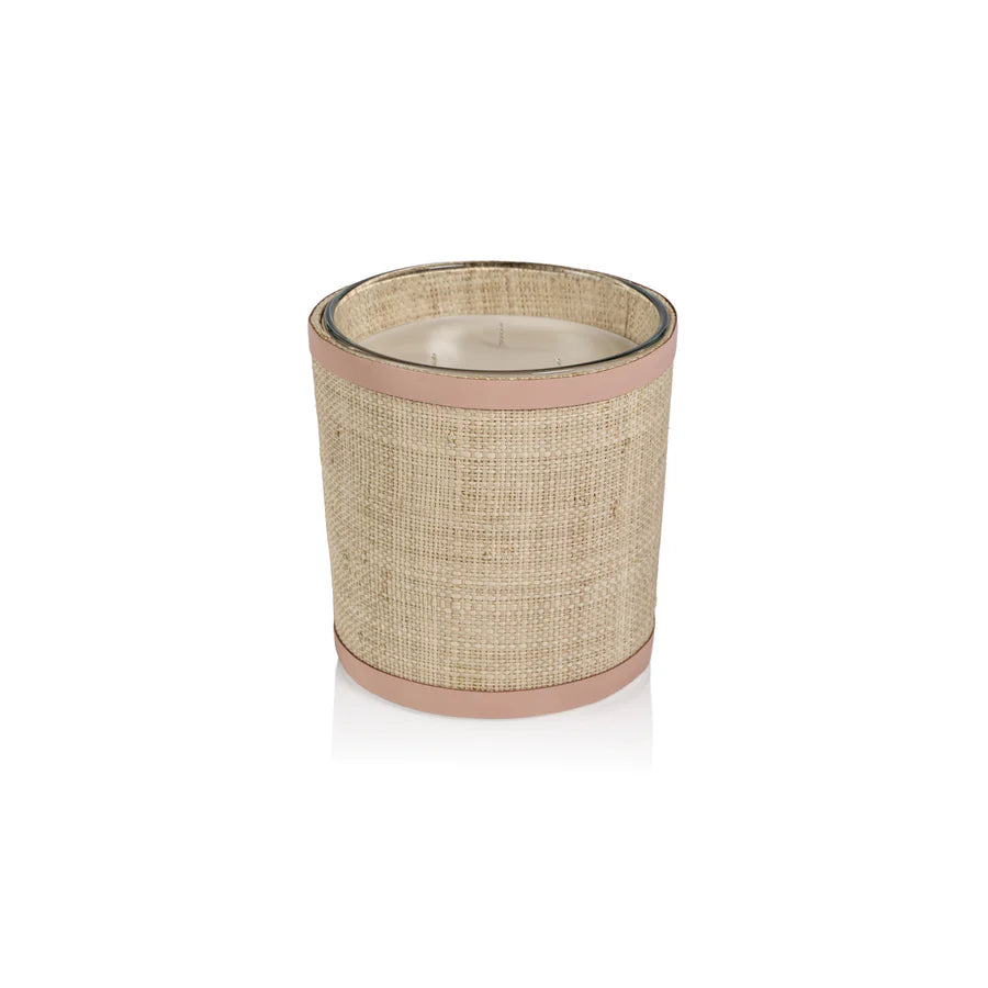 Candle in Natural Raffia Basket with Leather Trim - 3 Wick