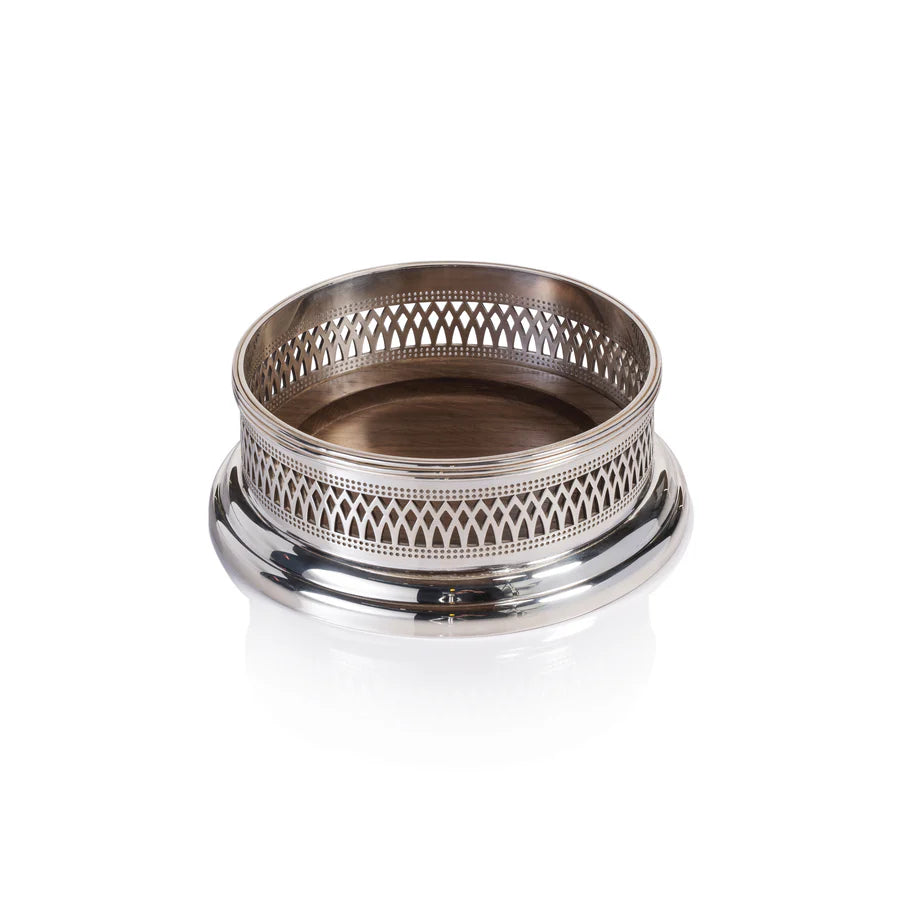Sommelier's Edge Wine Bottle Coaster - Silver Plated with Wood Base