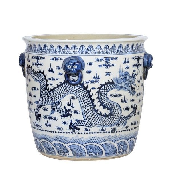 Blue & White Porcelain Dragon Planter With Lion Handle