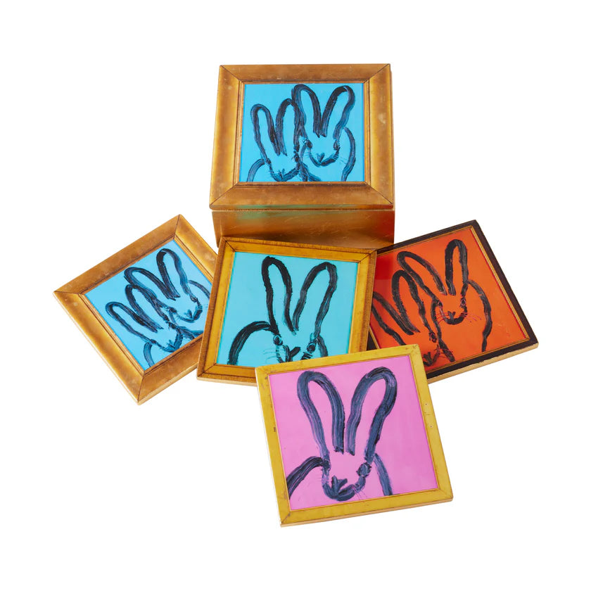 HUNT SLONEM Framed Bunnies Gold Leaf & Lacquer Coaster Box with 4 Coasters