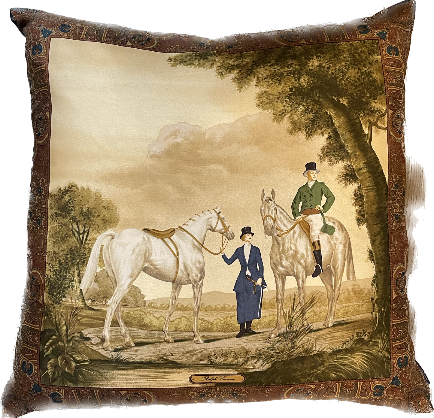 RALPH LAUREN Hunting Scene Couple Vintage Silk Scarf Pillow