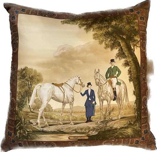 RALPH LAUREN Hunting Scene Couple Vintage Silk Scarf Pillow