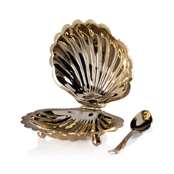 Cap Ferrat Fan Shell Lidded Bowl with Spoon - Polished Gold