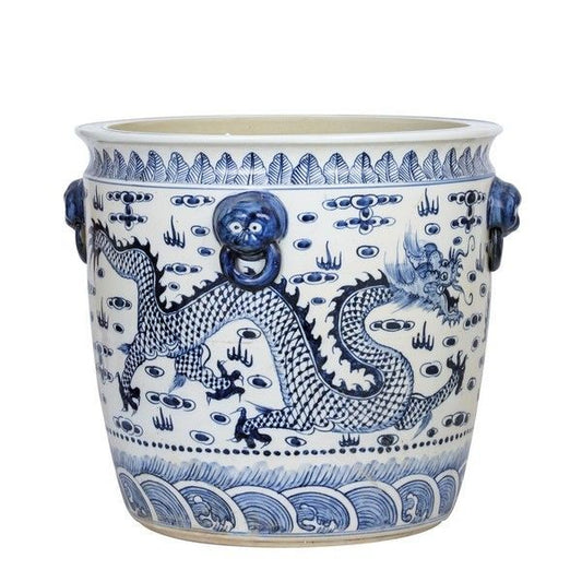 Blue & White Porcelain Dragon Planter With Lion Handle