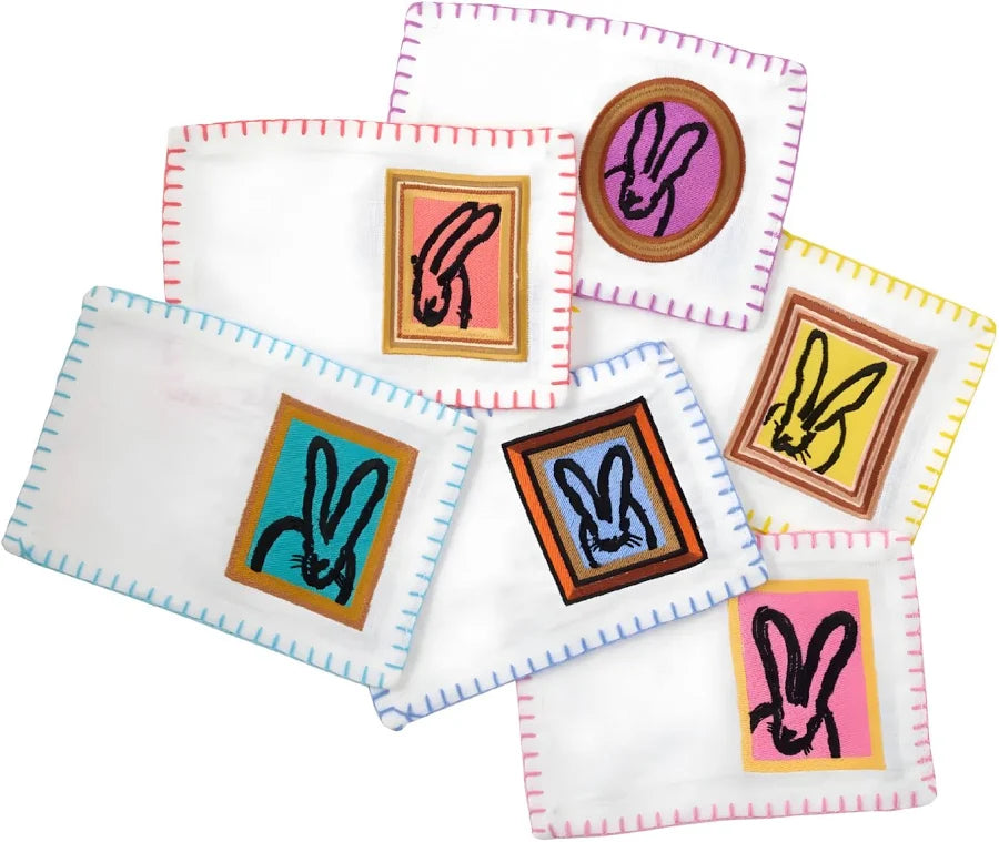 Hunt Slonem Framed Bunnies Embroidered Linen Cocktail Napkins